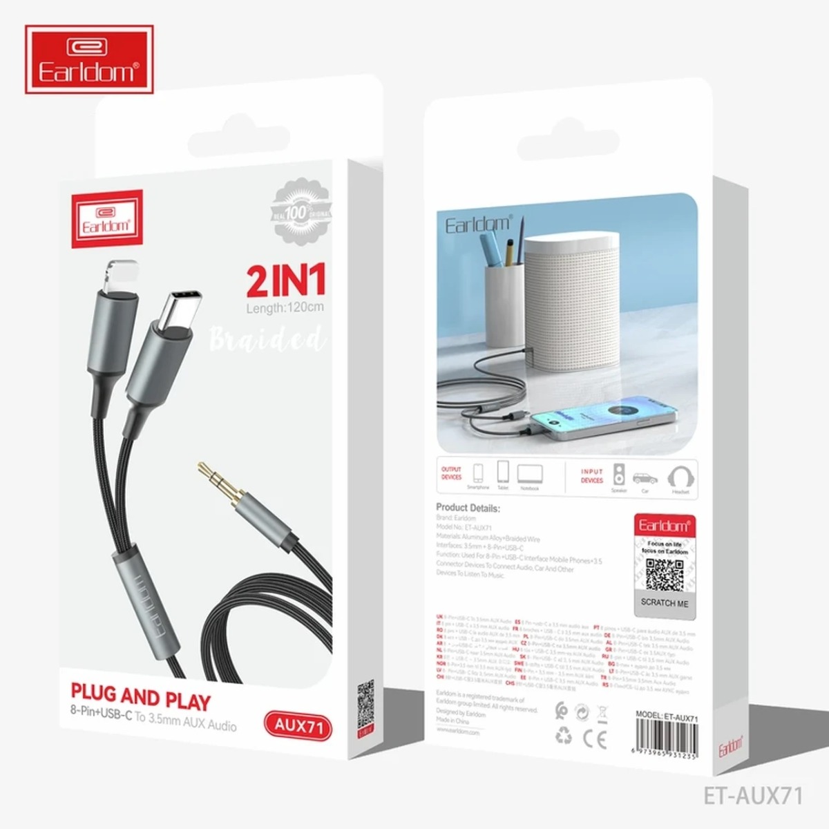 کابل Earldom Aux To Type-C & Lightning مدل ET-AUX71 - مشکی