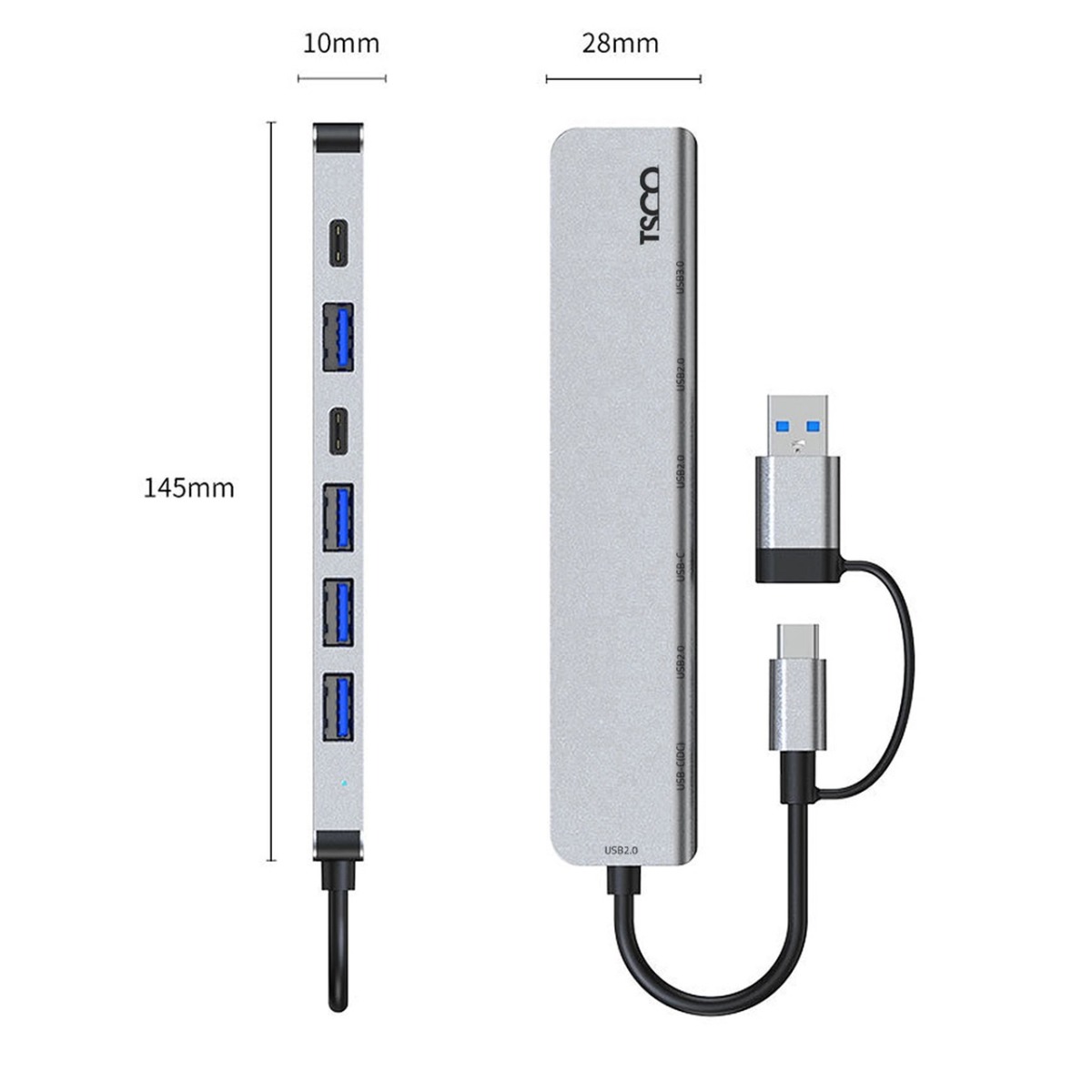 هاب 7 پورت TSCO USB3.0/Type-C مدل THU 1148 - خاکستری (گارانتی 12 ماهه تسکو)