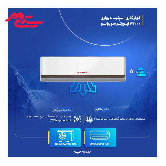 کولر گازی اسپلیت دیواری 32000 سوپرانو مدل SNO 32-RN