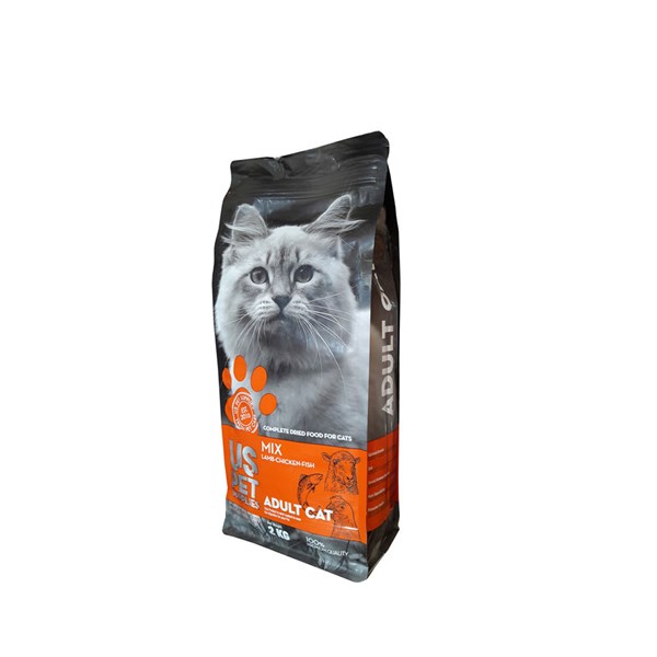 غذای خشک گربه بالغ یو اس پت مدل میکس بره و مرغ و ماهی 2 کیلوگرمی