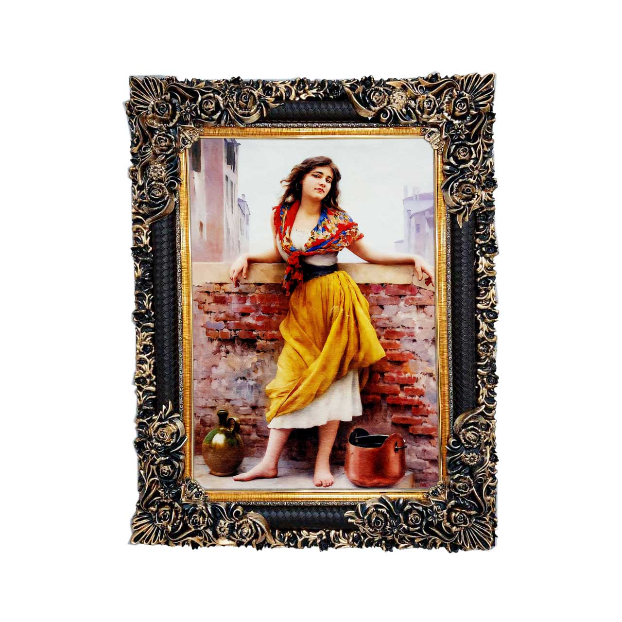 تابلو فرش چاپی طرح دختر روستایی کد 13008 سایز 50×35 سانتی متری