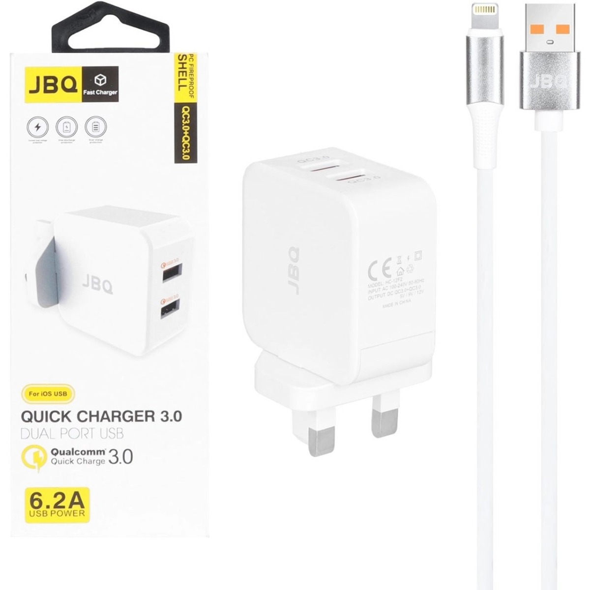 شارژر دیواری فست دو پورت JBQ مدل HC-12F2 30W همراه با کابل آیفون - سفید - پک ضعیف (گارانتی یکساله رصاصی)