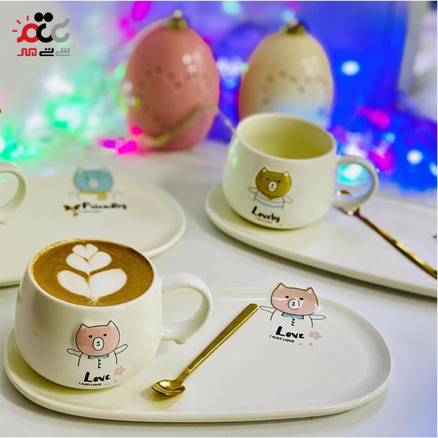 ماگ سرامیکی مدل بشقاب دار طرح خرس همراه با قاشق