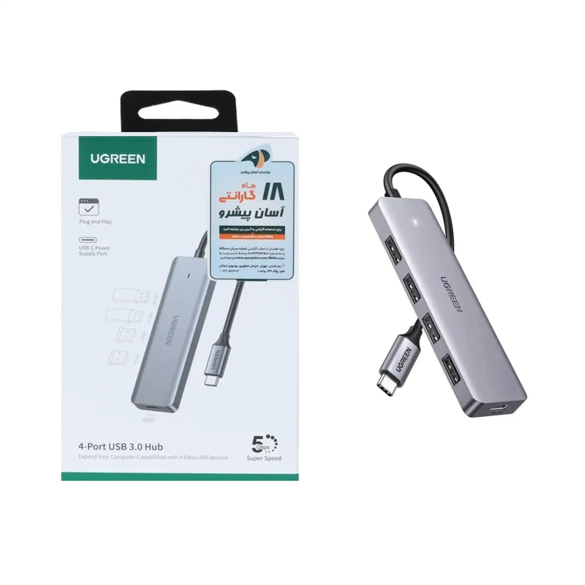 هاب 4 پورت UGREEN Type-C مدل 70336-CM219 - خاکستری (گارانتی 18 ماهه آسان پیشرو)