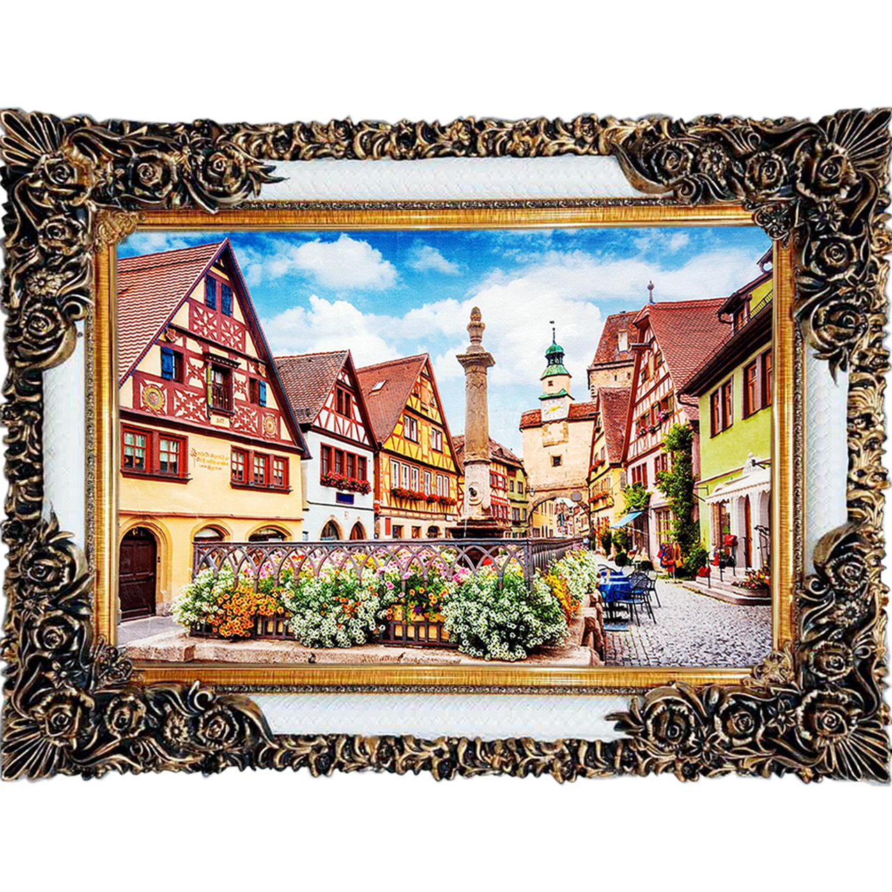 تابلو فرش چاپی طرح خانه های شیروانی کد 10077 سایز 100×70 سانتی متری