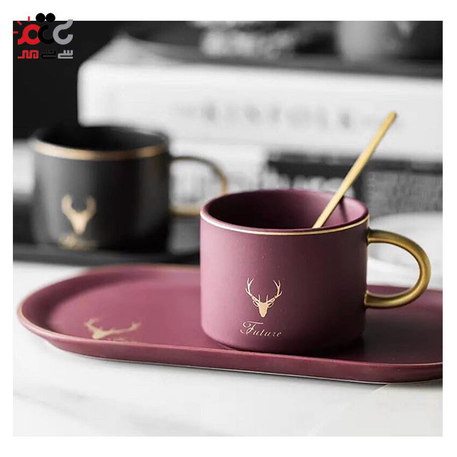 ماگ سرامیکی مدل بشقاب دار طرح گوزن همراه با قاشق