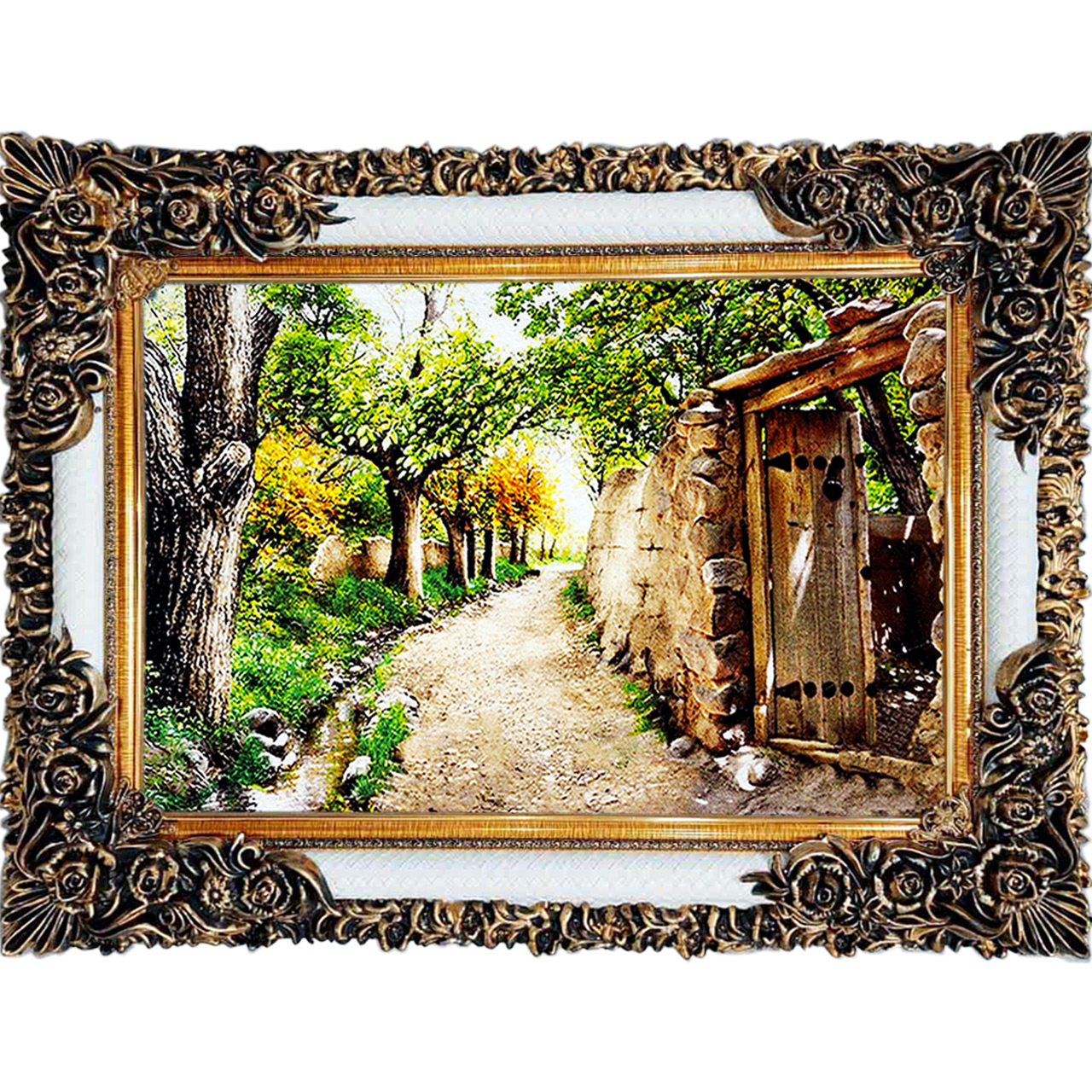 تابلو فرش چاپی طرح کوچه باغ کد 10076 سایز 100×70 سانتی متری