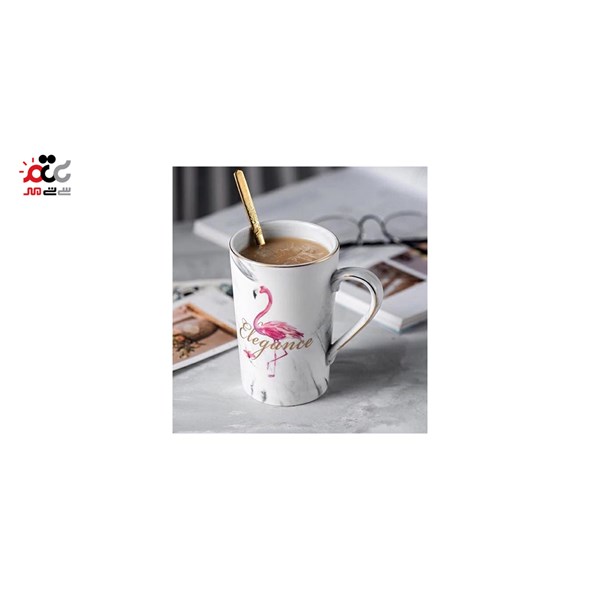 ماگ سرامیکی طرح فلامینگو دارای درب و قاشق