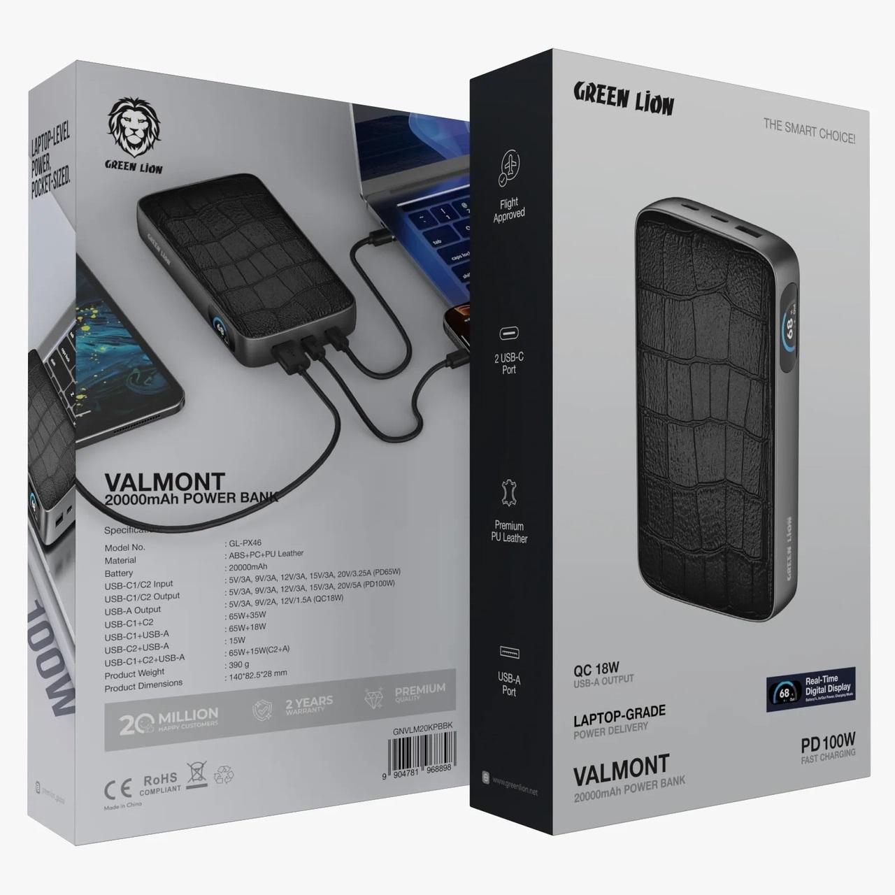 پاوربانک (PD و فست شارژ) Green Lion 20000mAh مدل VALMONT GNVLM20KPBBK 100W - مشکی (گارانتی 24 ماهه )
