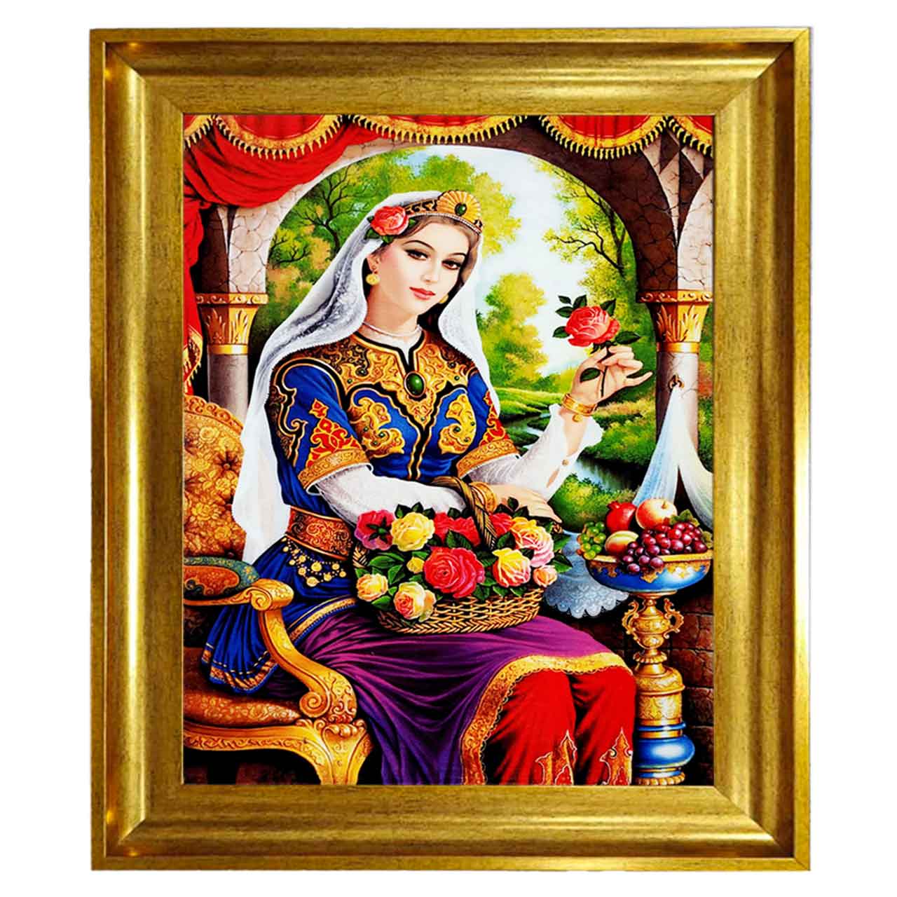 تابلو فرش چاپی ظرح بانو کد 13006 سایز 100×70 سانتی متری