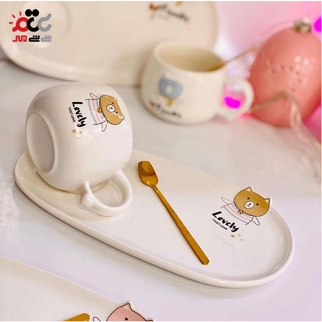 ماگ سرامیکی مدل بشقاب دار طرح خرس همراه با قاشق