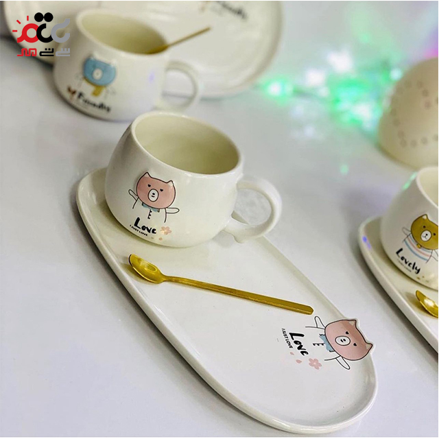 ماگ سرامیکی مدل بشقاب دار طرح خرس همراه با قاشق