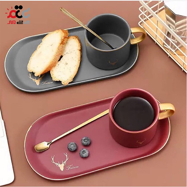 ماگ سرامیکی مدل بشقاب دار طرح گوزن همراه با قاشق