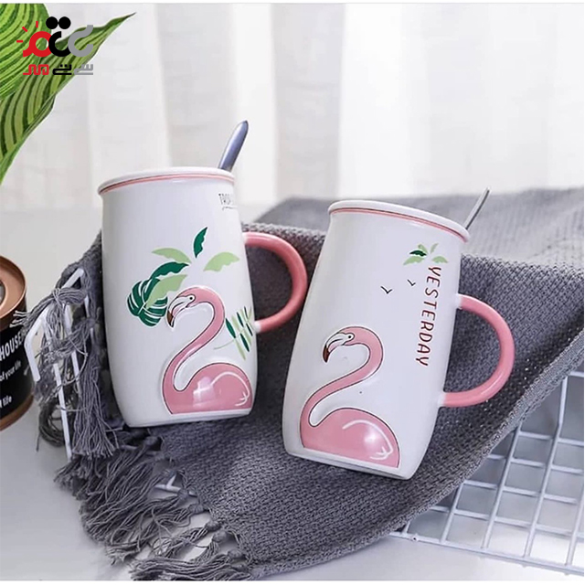 ماگ سرامیکی مدل درب دار طرح فلامینگو
