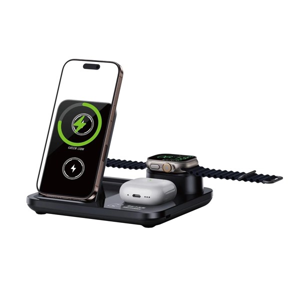 شارژر وایرلس سه کاره Green Lion مدل GN3IN1MWCBK - مشکی (گارانتی 24 ماهه)