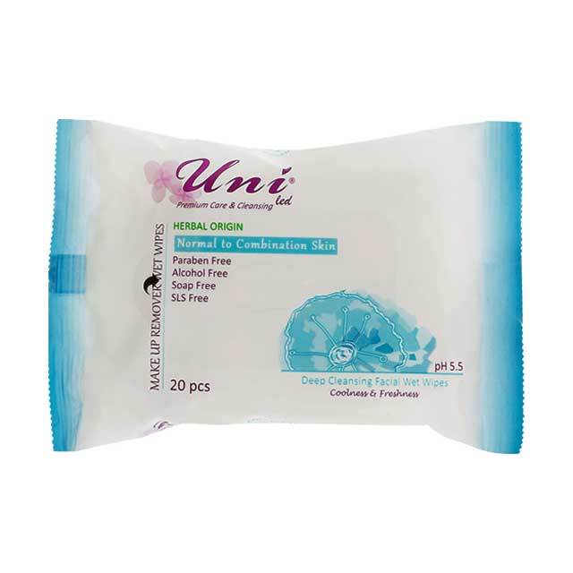 دستمال مرطوب پاک کننده آرایش یونی لد مناسب پوست های نرمال بسته 20 عددی