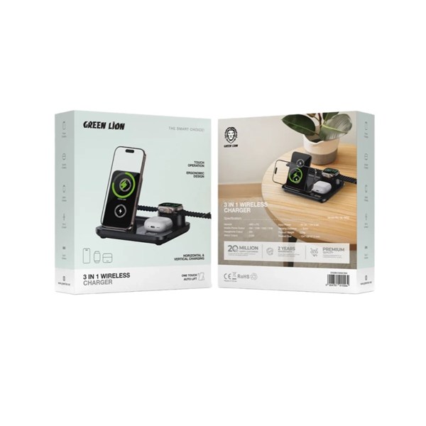 شارژر وایرلس سه کاره Green Lion مدل GN3IN1MWCBK - مشکی (گارانتی 24 ماهه)