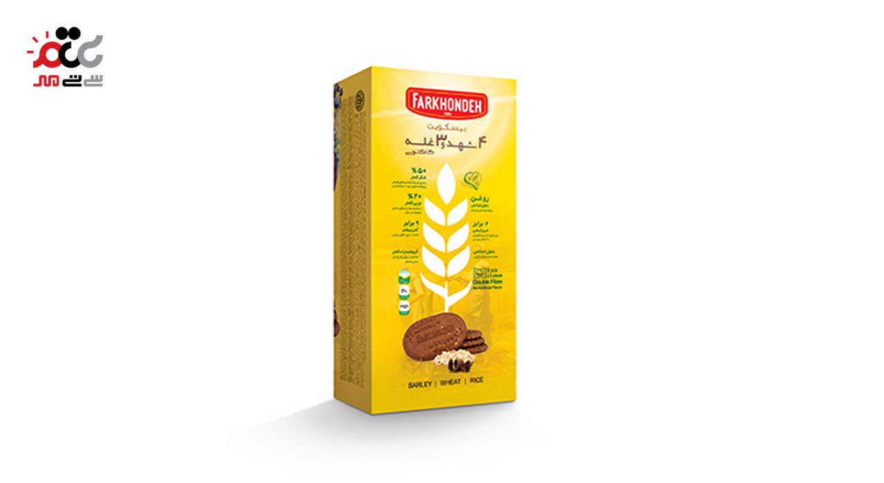 بیسکویت 4 شهد و 3 غله کاکائویی فرخنده 330 گرمی