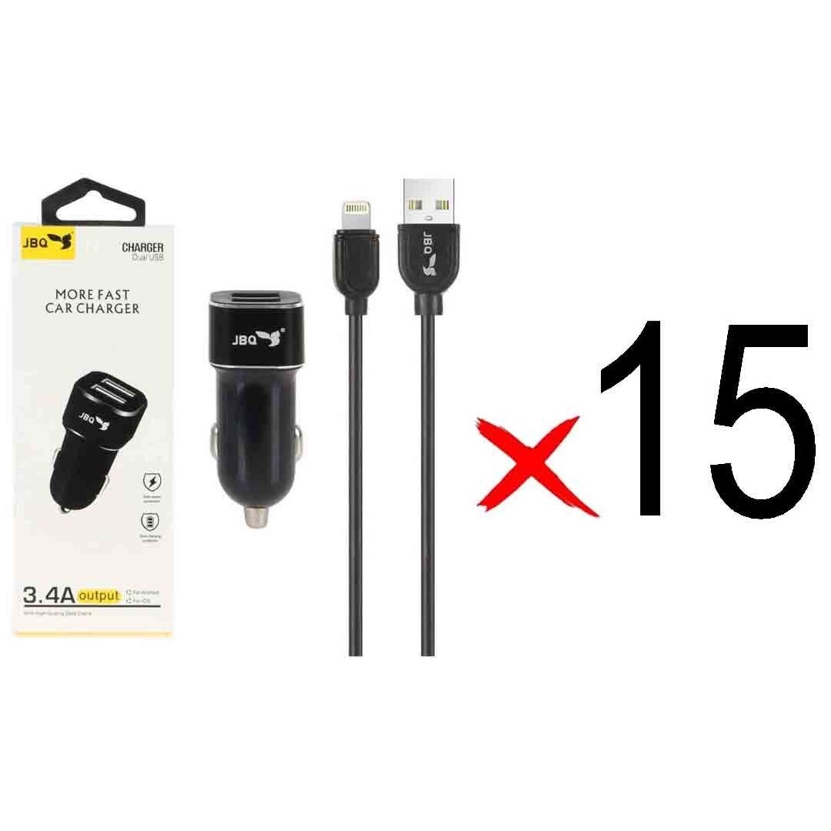 شارژر فندکی فست دو پورت JBQ مدل CN-45 18W همراه با کابل آیفون - مشکی (گارانتی یکساله رصاصی) (بسته 15 عددی)