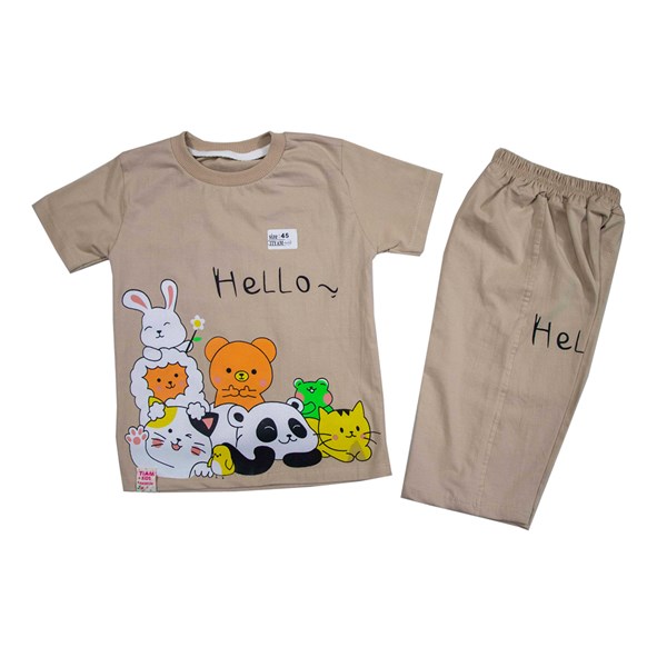 ست تیشرت و شلوارک بچگانه کرم طرح حیوانات مدل HeLLO سایز 45
