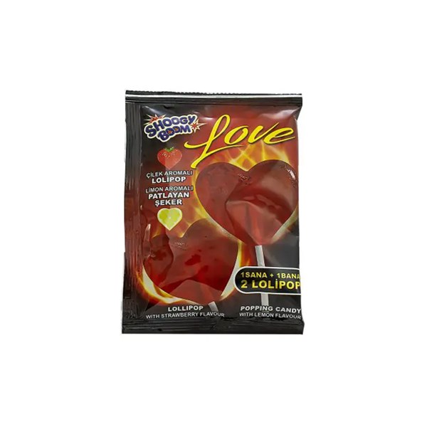 آبنبات چوبی جرقه ای مدل Love با طعم توت فرنگی و لیمو شوگی بوم 19 گرمی