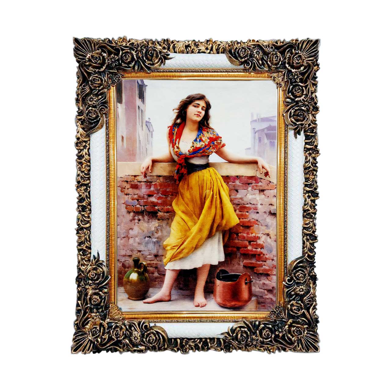 تابلو فرش چاپی طرح دختر روستایی کد 13008 سایز 50×50 سانتی متری