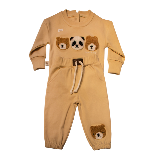 ست بلوز و شلوار پارچه ای پسرانه طرح سه خرس پشمالو کرم