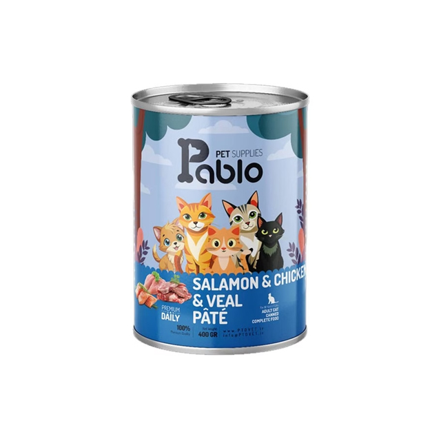 کنسرو پته گوشت مرغ و سالمون و گوساله پابلو مخصوص گربه بالغ 400 گرمی
