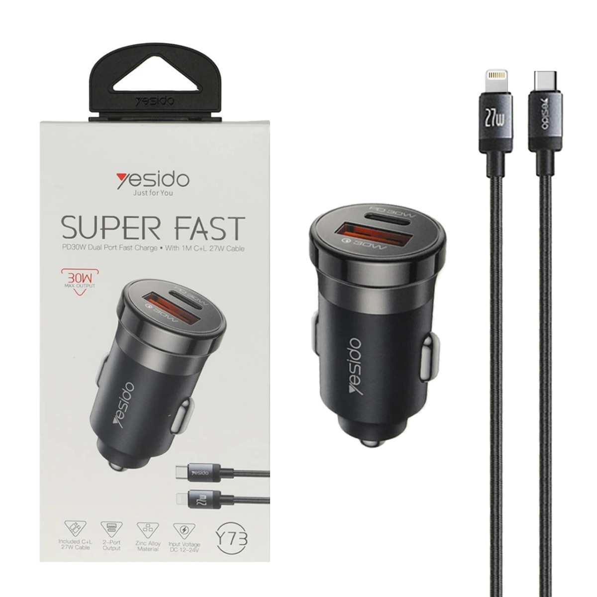 شارژر فندکی سوپر فست وPD دو پورت Yesido مدل Y73 30W به همراه کابل شارژ Type-C To Lightning - مشکی (گارانتی 18 ماه تعویض نیکان همراه)