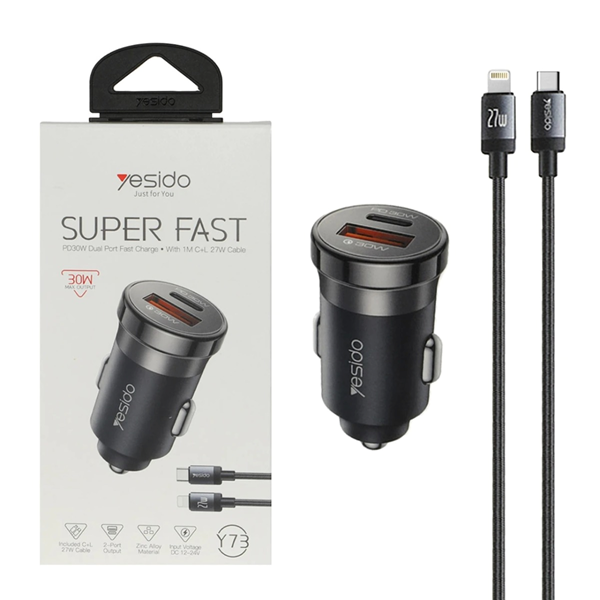 شارژر فندکی سوپر فست وPD دو پورت Yesido مدل Y73 30W به همراه کابل شارژ Type-C To Lightning - مشکی (گارانتی 18 ماه)
