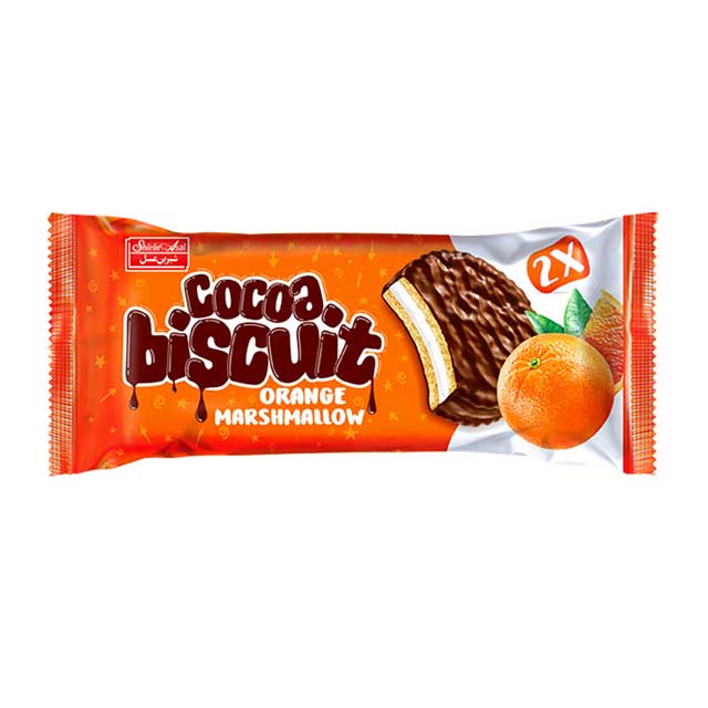 بیسکویت روکش دار دوقلو شکلاتی با طعم پرتقال شیرین عسل 45 گرمی