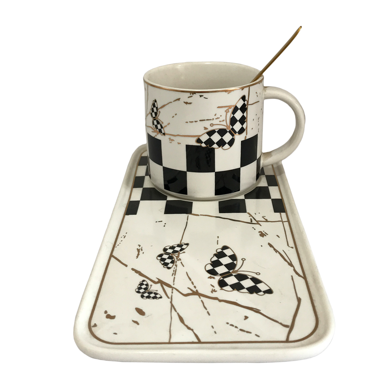 ماگ سرامیکی مدل بشقاب دار طرح پروانه همراه با قاشق