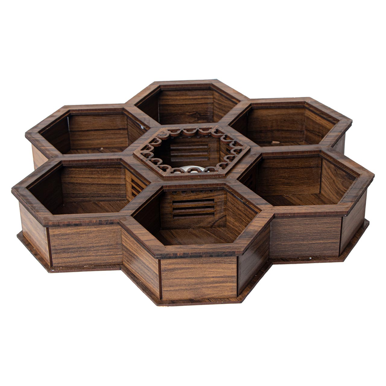 باکس چای چوبی مدل وارمر دار طرح 6 ضلعی