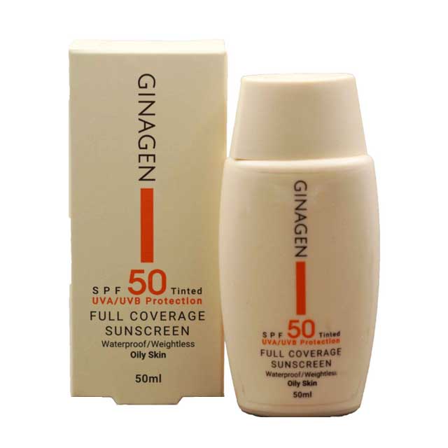 کرم ضد آفتاب رنگی spf50 بژ روشن مناسب پوست های چرب ژیناژن 50 میلی لیتری