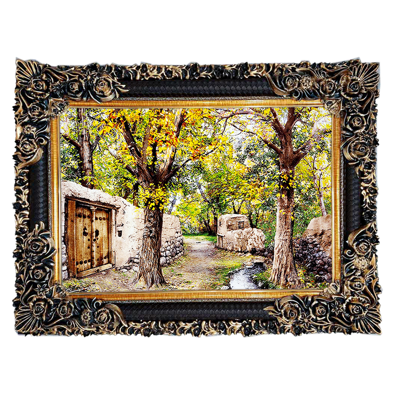 تابلو فرش چاپی طرح کوچه باغ کد 10041 سایز 70×50 سانتی متری