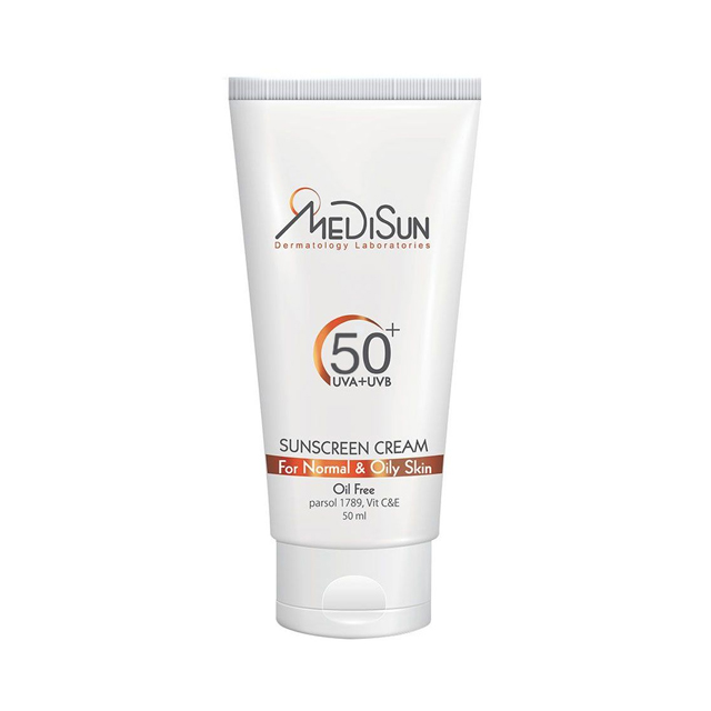کرم ضد آفتاب بی رنگ مدیسان مدل SPF 50 مناسب پوست های چرب و معمولی حجم 50 میلی لیتری
