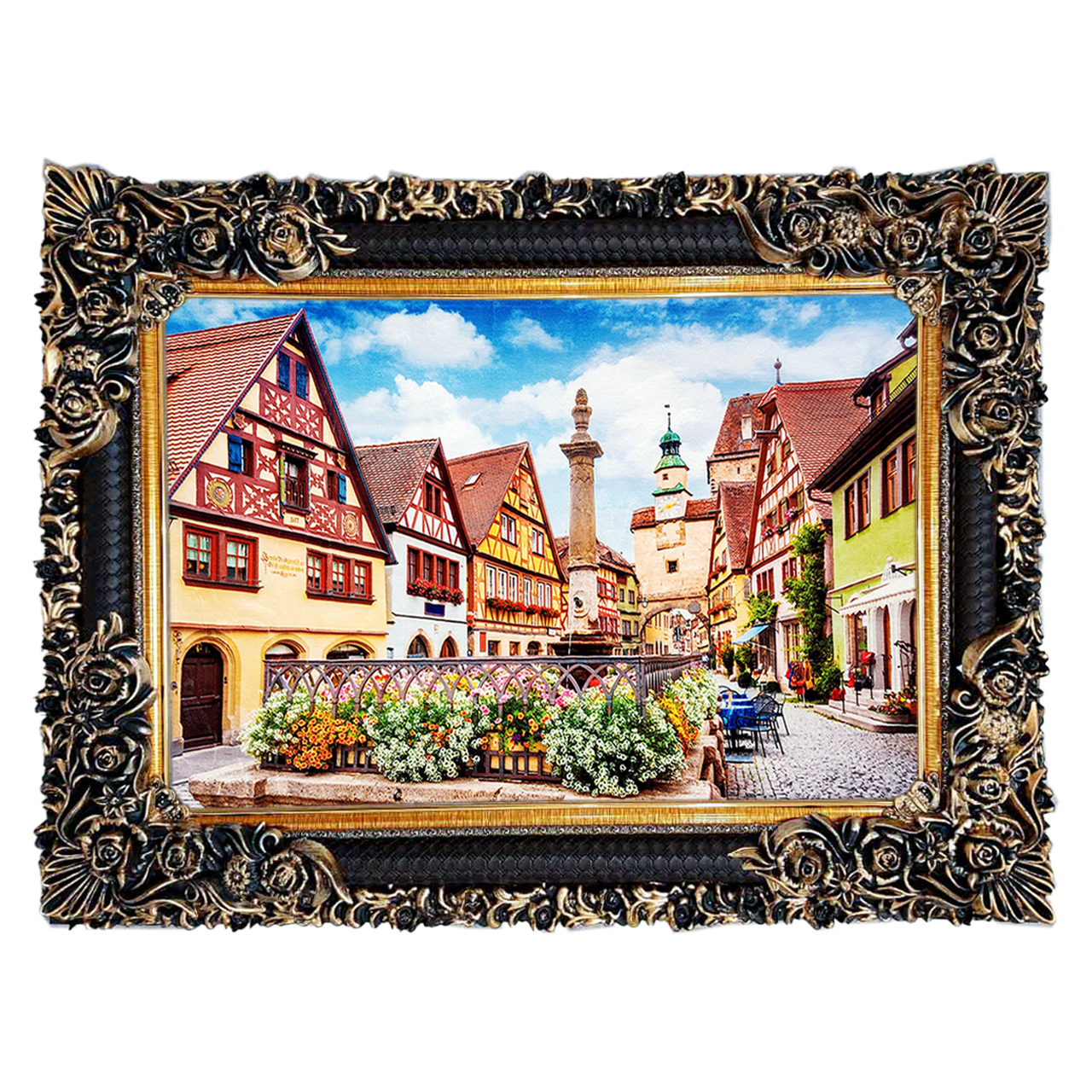 تابلو فرش چاپی طرح خانه های شیروانی کد 10077 سایز 70×50 سانتی متری