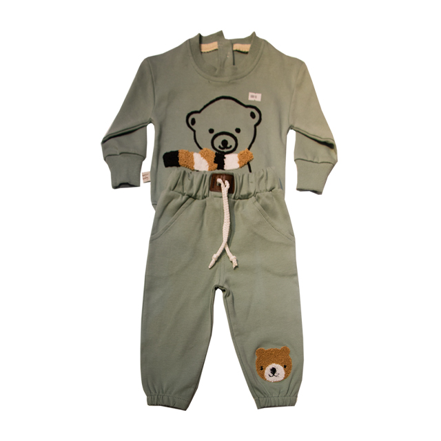 ست بلوز و شلوار پارچه ای پسرانه طرح خرس شال دار خاکستری