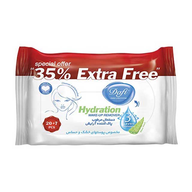 دستمال مرطوب پاک کننده آرایش صورت مدل آب رسان دافی 27 عددی