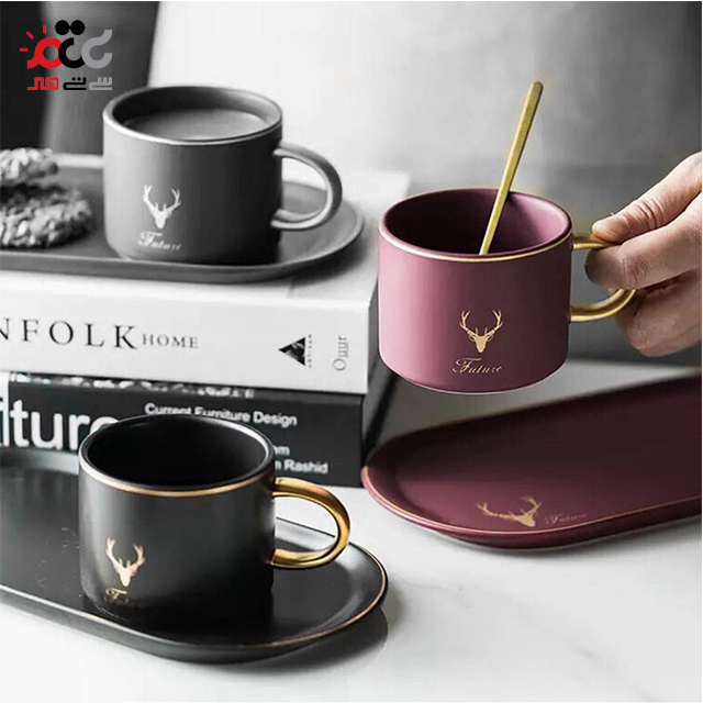 ماگ سرامیکی مدل بشقاب دار طرح گوزن همراه با قاشق