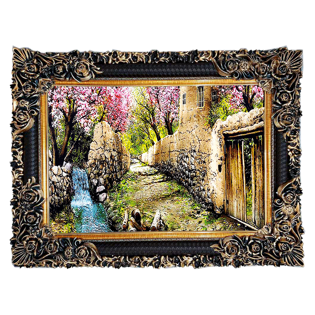 تابلو فرش چاپی طرح کوچه باغ کد 10015 سایز 70×50 سانتی متری