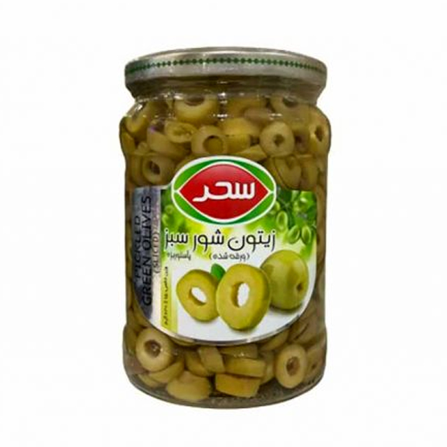 خرید زیتون شور سبز ورقه شده سحر 630 گرمی