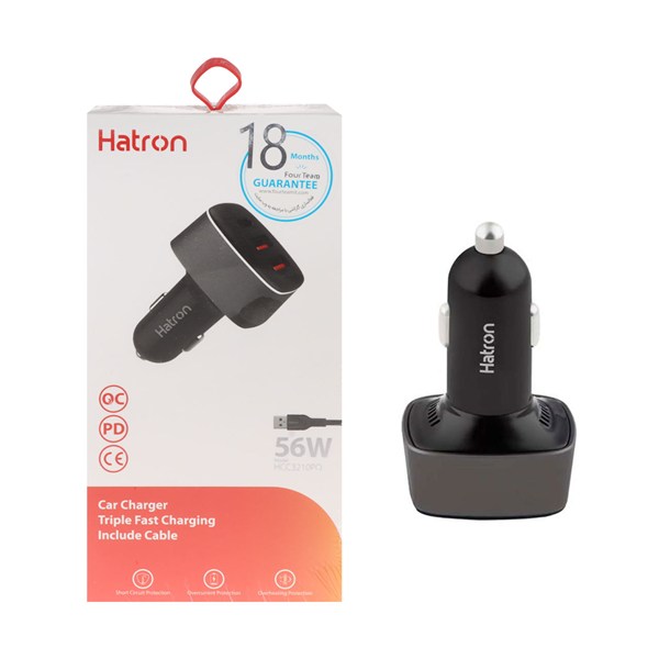 شارژر فندکی 56W فست و PD سه پورت Hatron مدل HCC3210PQ به همراه کابل شارژ Type-C - مشکی