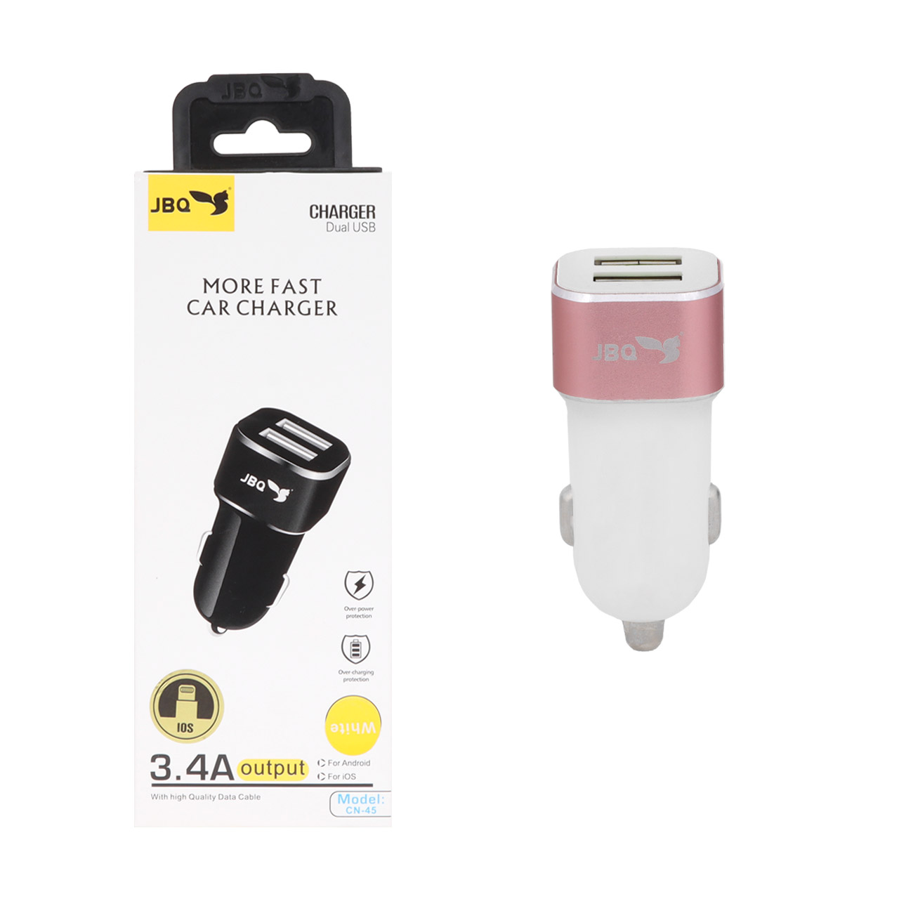 شارژر فندکی فست دو پورت JBQ مدل CN-45 18W همراه با کابل آیفون - سفید (گارانتی یکساله رصاصی)