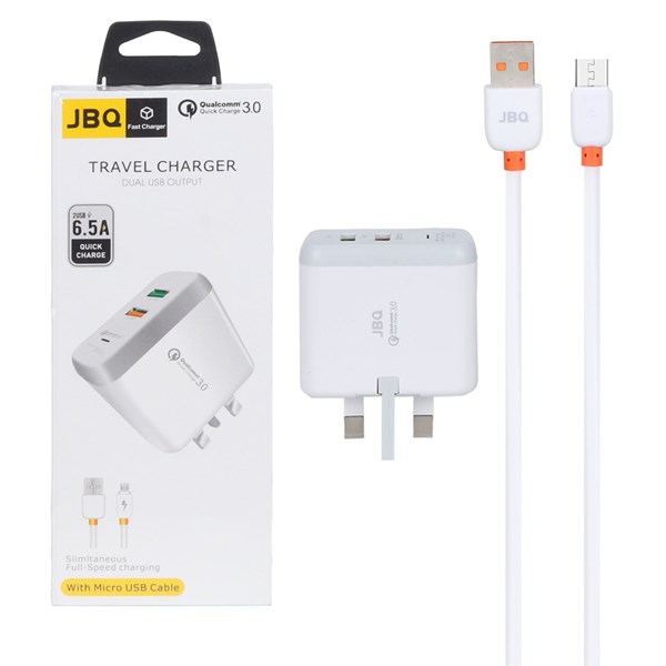 شارژر دیواری فست دو پورت JBQ مدل F-2USB 18W همراه با کابل اندروید - سفید (گارانتی یکساله رصاصی)