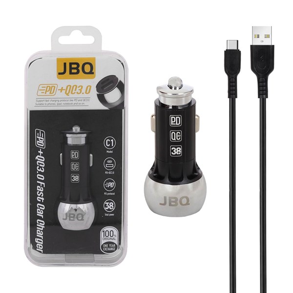 شارژر فندکی فست و PD دو پورت JBQ مدل C1 38W همراه با کابل Type-C - نقره ای (گارانتی یکساله رصاصی)