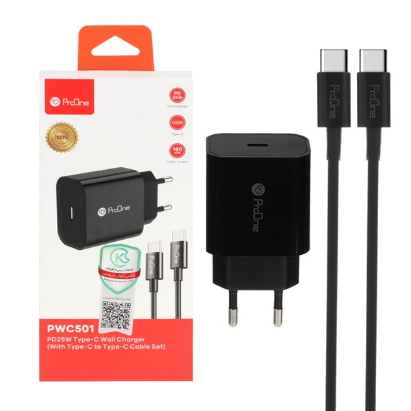 شارژر دیواری 25W فست و PD تک پورت ProOne مدل PWC501 به همراه کابل شارژ  Type-C to Type-C - مشکی