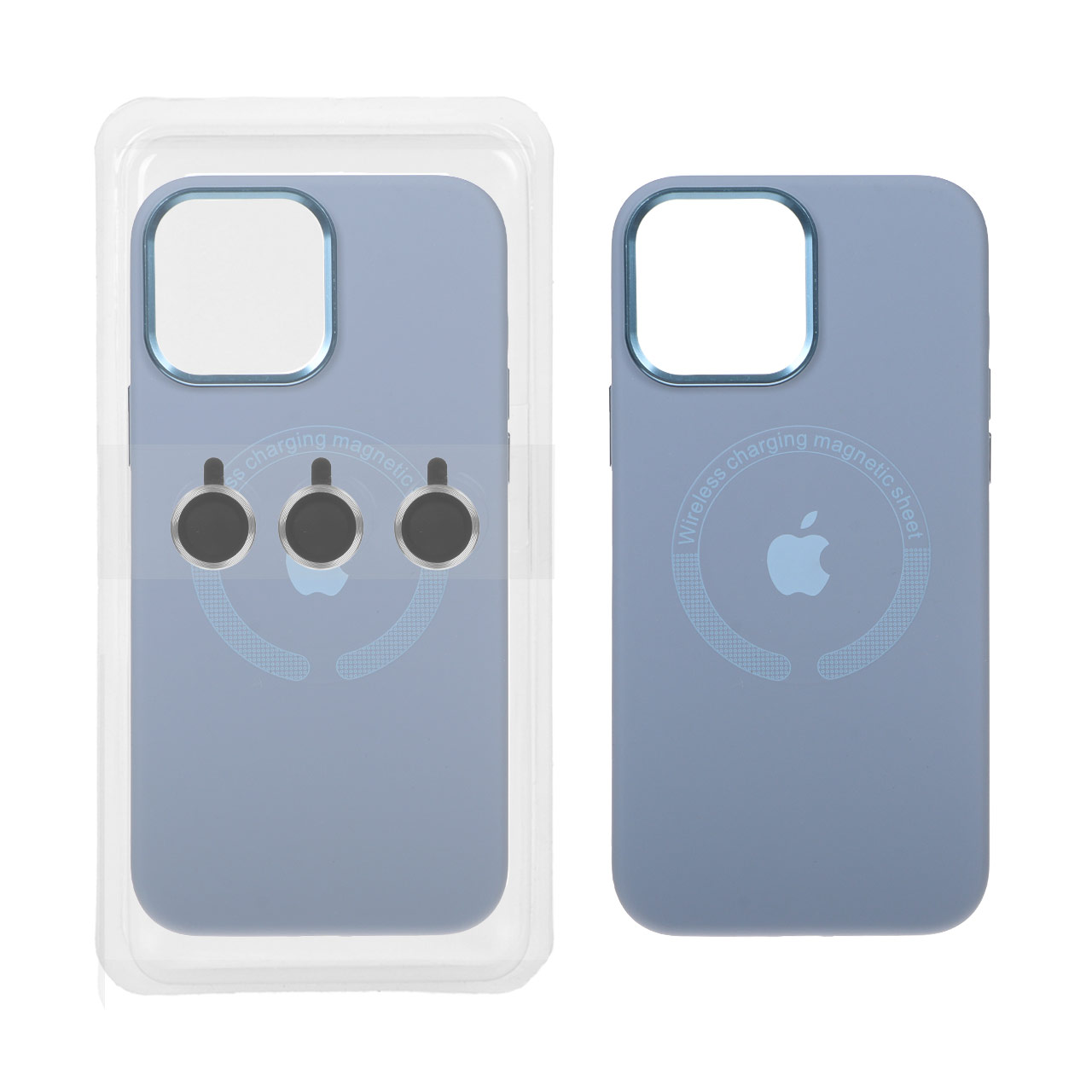 قاب سیلیکونی اورجینال Magsafe با ست محافظ لنز رینگی Apple iPhone 15 Pro Max - فیلی (پک دار)