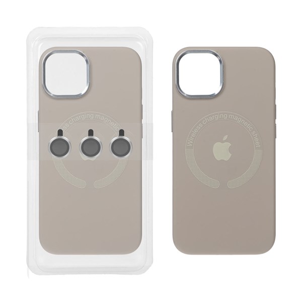 قاب سیلیکونی اورجینال Magsafe با ست محافظ لنز رینگی Apple iPhone 13 / iPhone 14 - خاکی (پک دار)