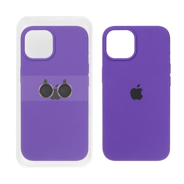 قاب سیلیکونی اورجینال با ست محافظ لنز رینگی Apple iPhone 13 / iPhone 14 - بنفش تیره (پک دار)